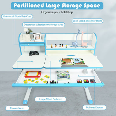 Kids Multifunctional Adjustable Height Study Desk with Tilted Desktop and Storage Drawer for Boys Girls