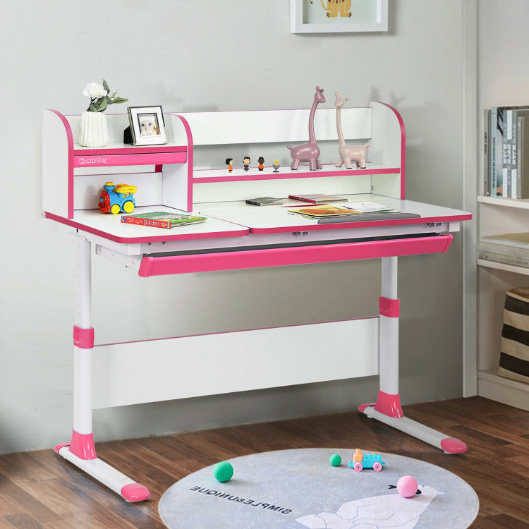 Kids Multifunctional Adjustable Height Study Desk with Tilted Desktop and Storage Drawer for Boys Girls