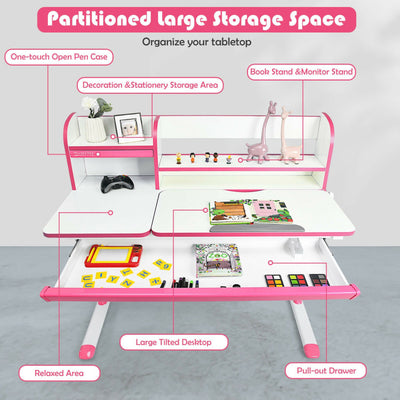 Kids Multifunctional Adjustable Height Study Desk with Tilted Desktop and Storage Drawer for Boys Girls