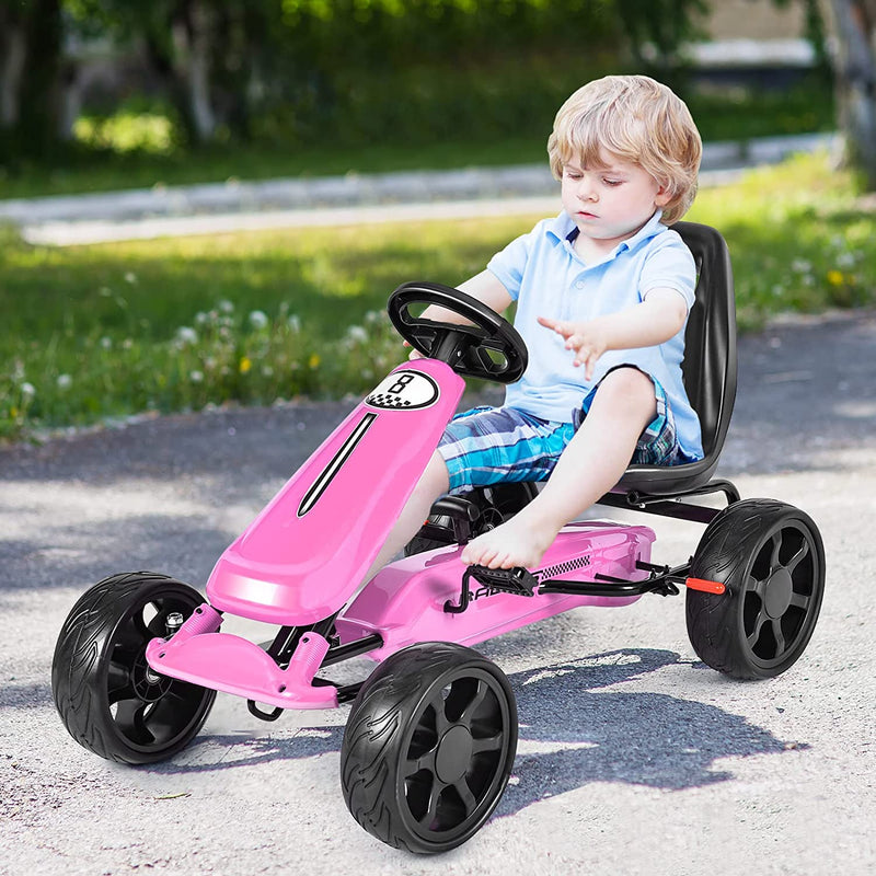 Kids Racer Pedal Go Kart 4 Wheel Powered Ride On Toy Car with Adjustable Seat and EVA Rubber Tires