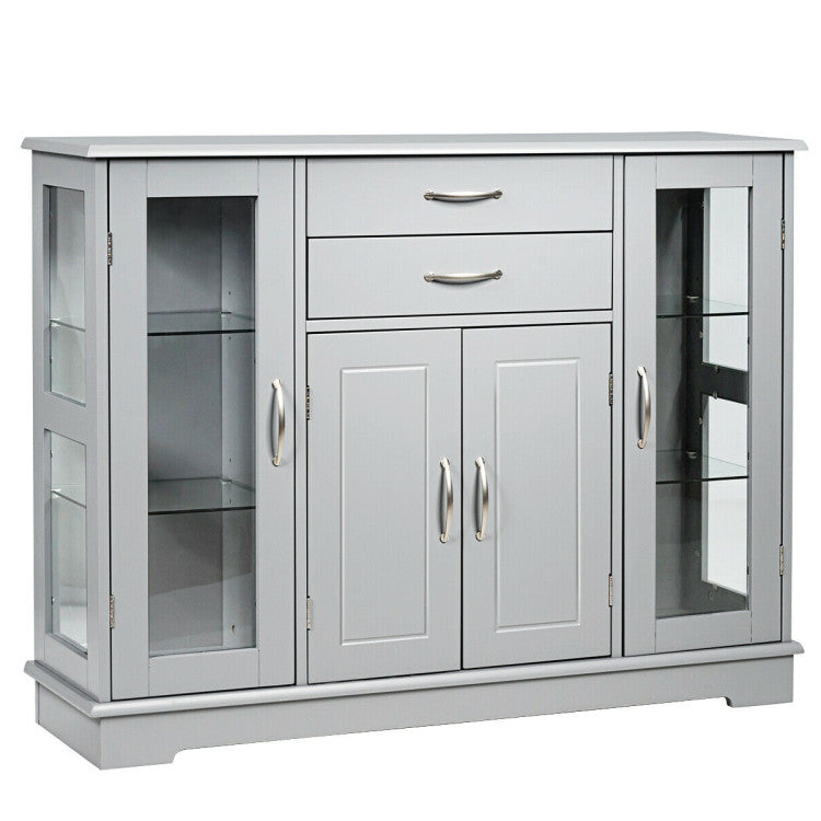 Kitchen Sideboard Buffet Server Side Storage Cabinet Dining Room Cupboard Console Table with 2 Drawers 3 Cabinets Glass Doors