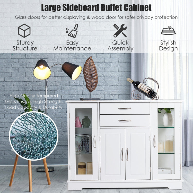 Kitchen Sideboard Buffet Server Side Storage Cabinet Dining Room Cupboard Console Table with 2 Drawers 3 Cabinets Glass Doors