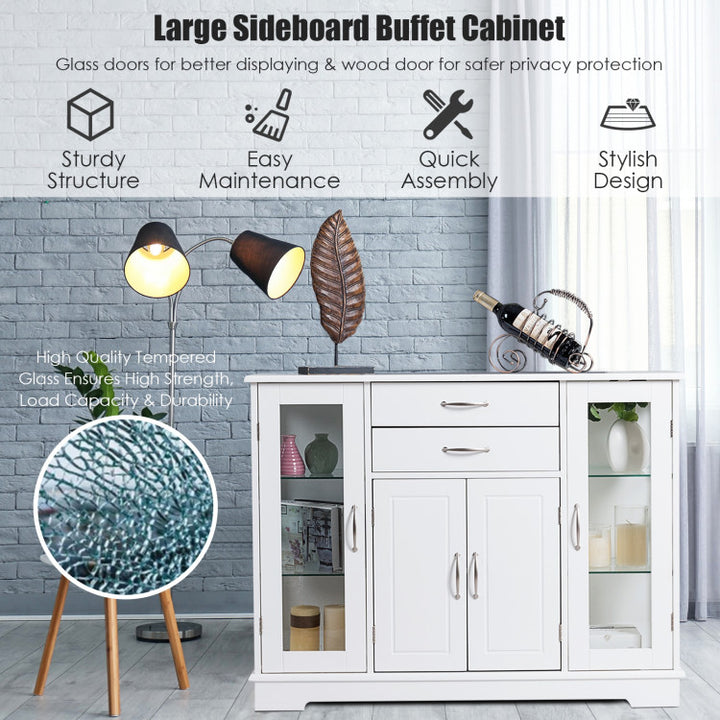 Kitchen Sideboard Buffet Server Side Storage Cabinet Dining Room Cupboard Console Table with 2 Drawers 3 Cabinets Glass Doors