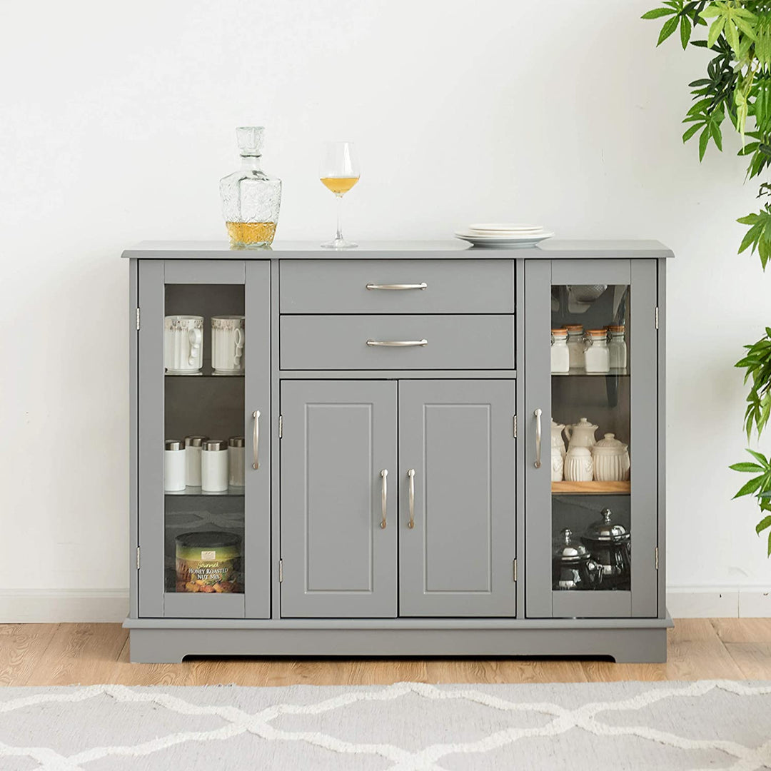Kitchen Sideboard Buffet Server Side Storage Cabinet Dining Room Cupboard Console Table with 2 Drawers 3 Cabinets Glass Doors