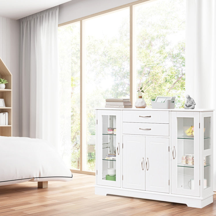 Kitchen Sideboard Buffet Server Side Storage Cabinet Dining Room Cupboard Console Table with 2 Drawers 3 Cabinets Glass Doors