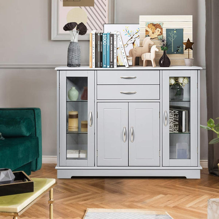 Kitchen Sideboard Buffet Server Side Storage Cabinet Dining Room Cupboard Console Table with 2 Drawers 3 Cabinets Glass Doors