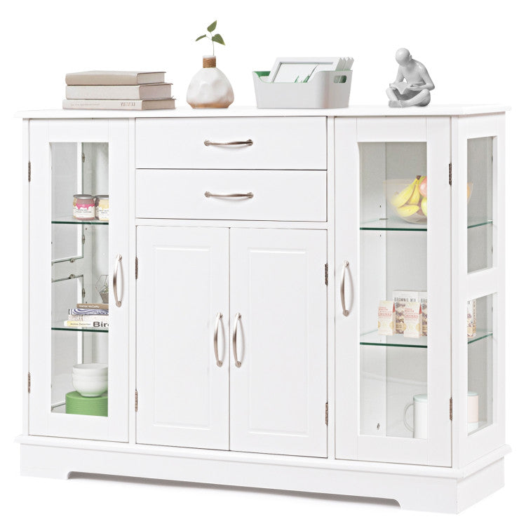 Kitchen Sideboard Buffet Server Side Storage Cabinet Dining Room Cupboard Console Table with 2 Drawers 3 Cabinets Glass Doors