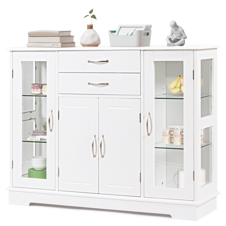 Kitchen Sideboard Buffet Server Side Storage Cabinet Dining Room Cupboard Console Table with 2 Drawers 3 Cabinets Glass Doors
