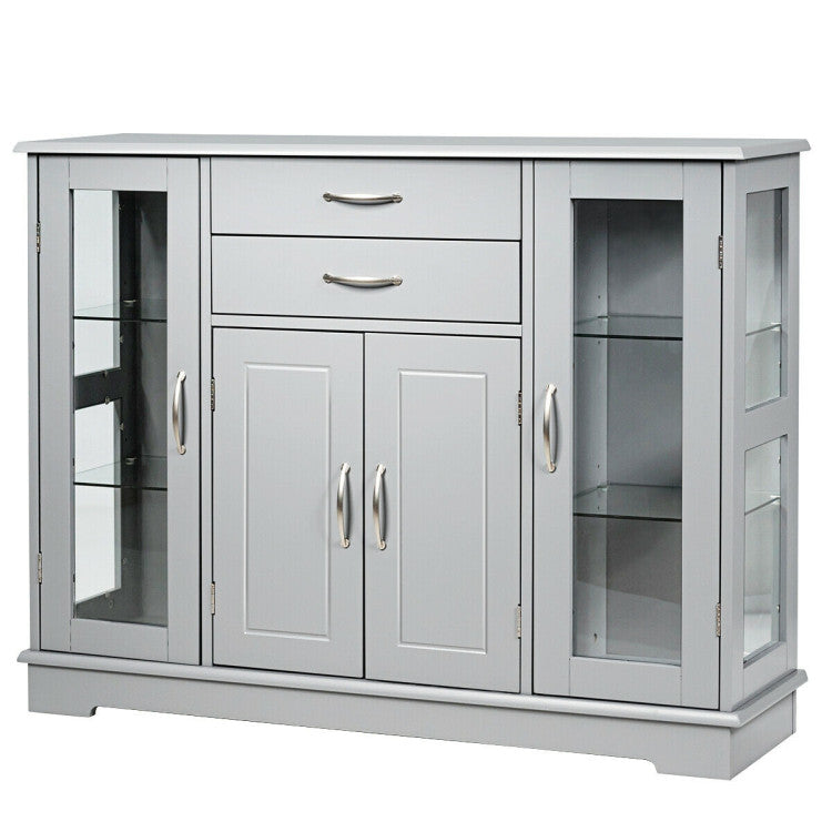 Kitchen Sideboard Buffet Server Side Storage Cabinet Dining Room Cupboard Console Table with 2 Drawers 3 Cabinets Glass Doors