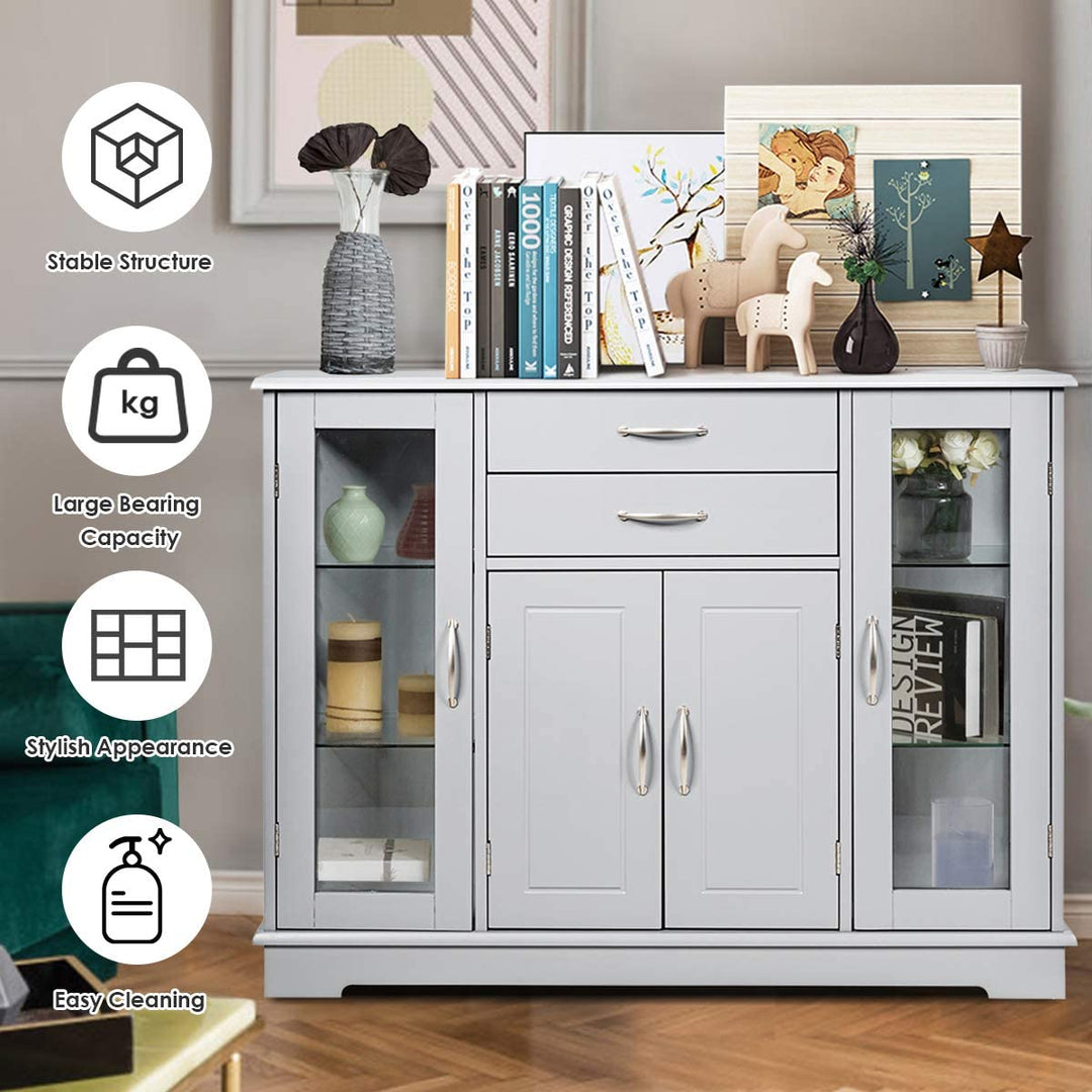 Kitchen Sideboard Buffet Server Side Storage Cabinet Dining Room Cupboard Console Table with 2 Drawers 3 Cabinets Glass Doors