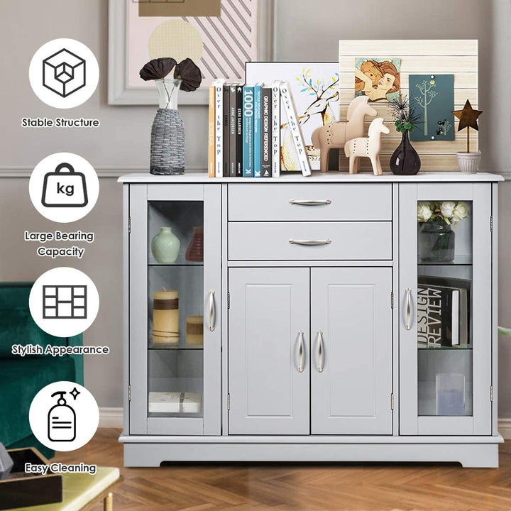 Kitchen Sideboard Buffet Server Side Storage Cabinet Dining Room Cupboard Console Table with 2 Drawers 3 Cabinets Glass Doors