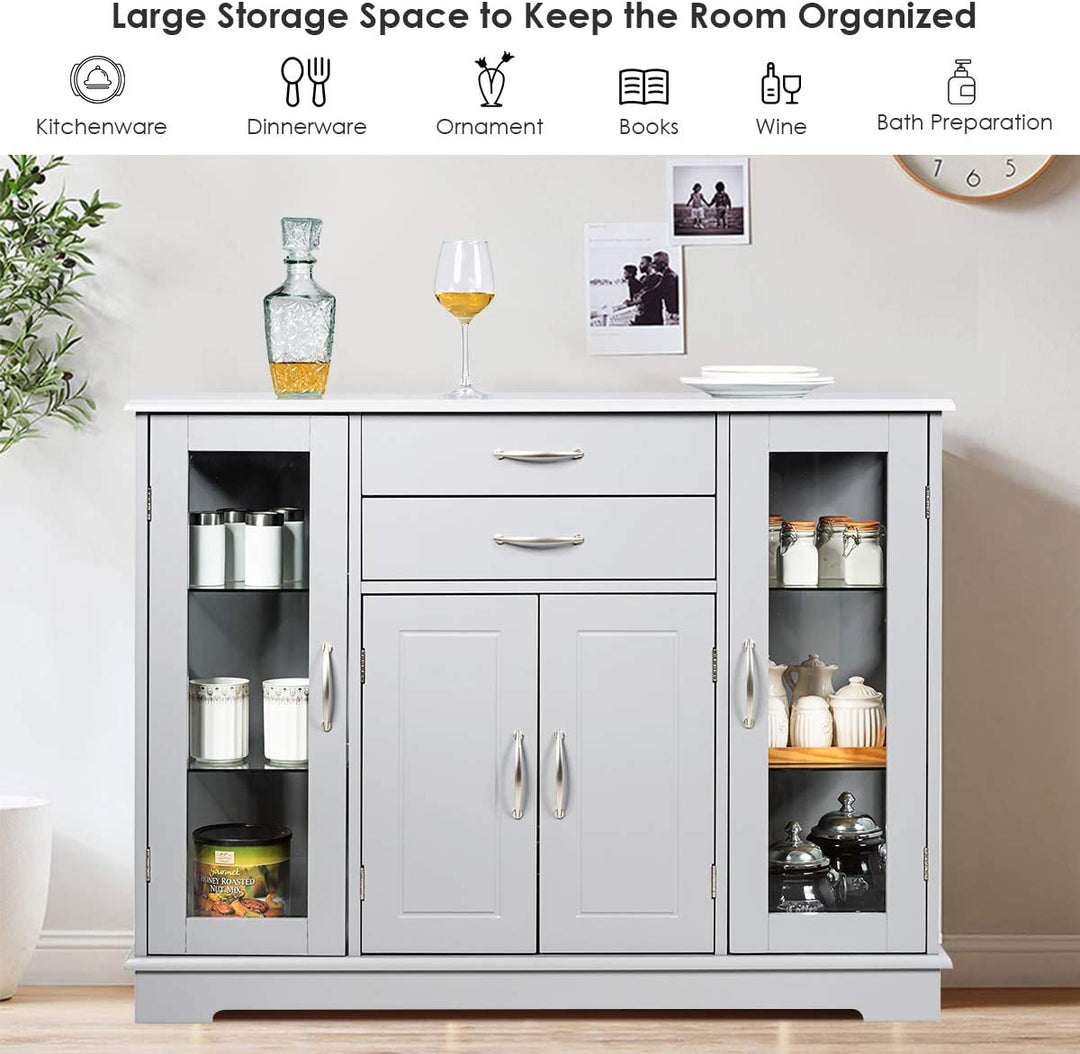 Kitchen Sideboard Buffet Server Side Storage Cabinet Dining Room Cupboard Console Table with 2 Drawers 3 Cabinets Glass Doors