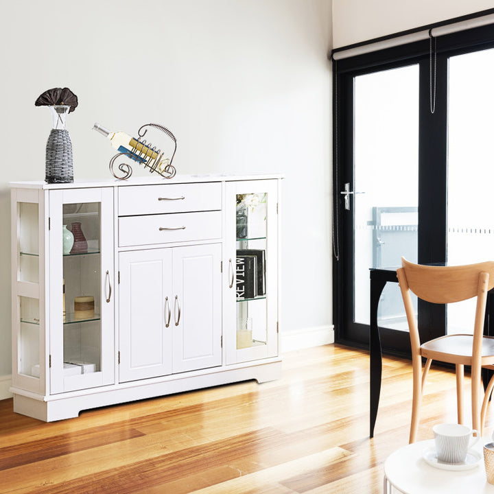 Kitchen Sideboard Buffet Server Side Storage Cabinet Dining Room Cupboard Console Table with 2 Drawers 3 Cabinets Glass Doors