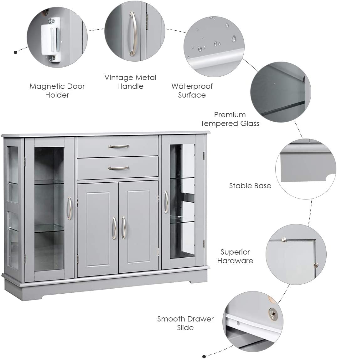 Kitchen Sideboard Buffet Server Side Storage Cabinet Dining Room Cupboard Console Table with 2 Drawers 3 Cabinets Glass Doors
