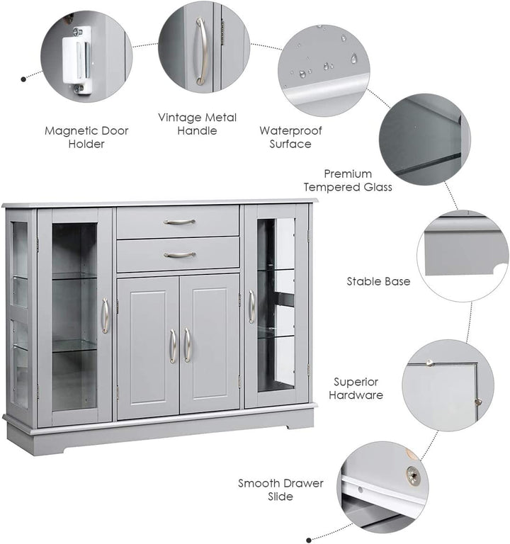 Kitchen Sideboard Buffet Server Side Storage Cabinet Dining Room Cupboard Console Table with 2 Drawers 3 Cabinets Glass Doors