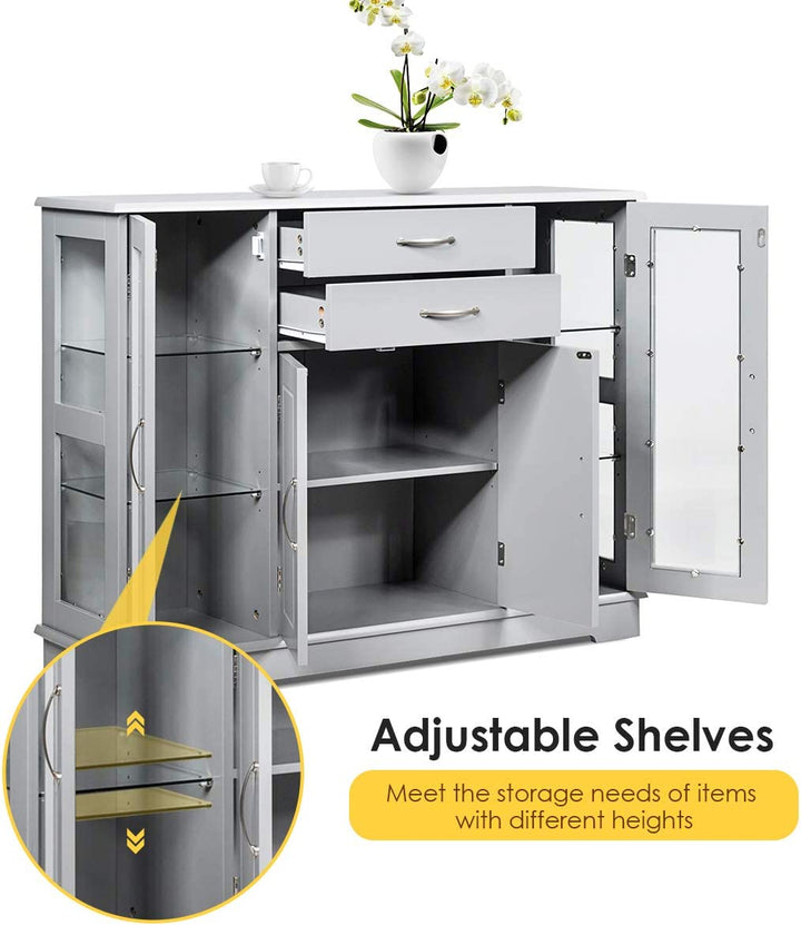 Kitchen Sideboard Buffet Server Side Storage Cabinet Dining Room Cupboard Console Table with 2 Drawers 3 Cabinets Glass Doors