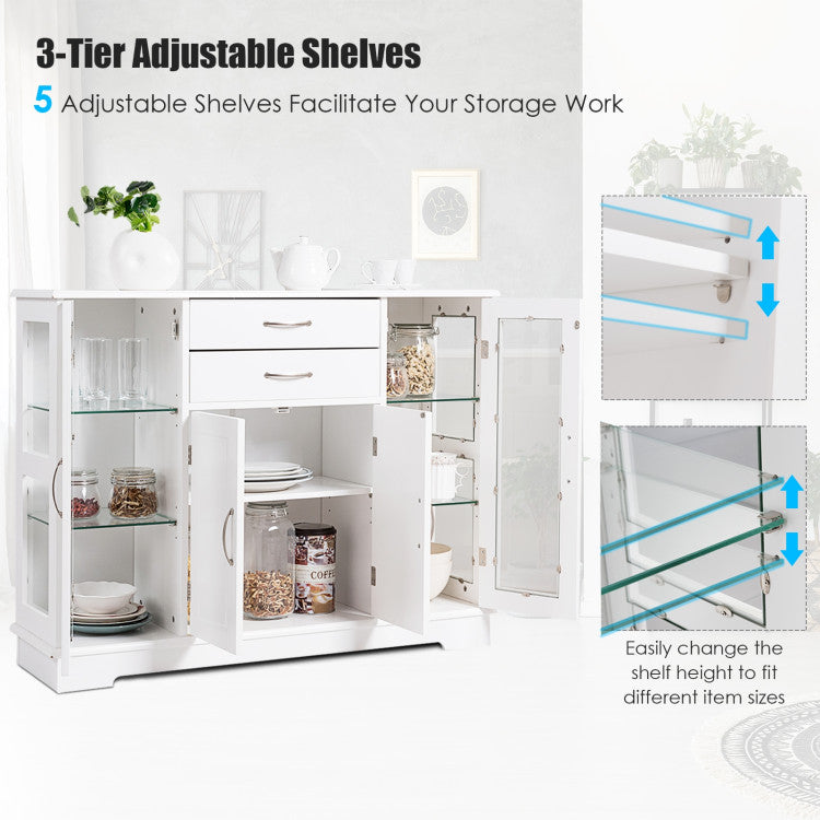 Kitchen Sideboard Buffet Server Side Storage Cabinet Dining Room Cupboard Console Table with 2 Drawers 3 Cabinets Glass Doors