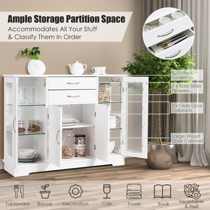 Kitchen Sideboard Buffet Server Side Storage Cabinet Dining Room Cupboard Console Table with 2 Drawers 3 Cabinets Glass Doors