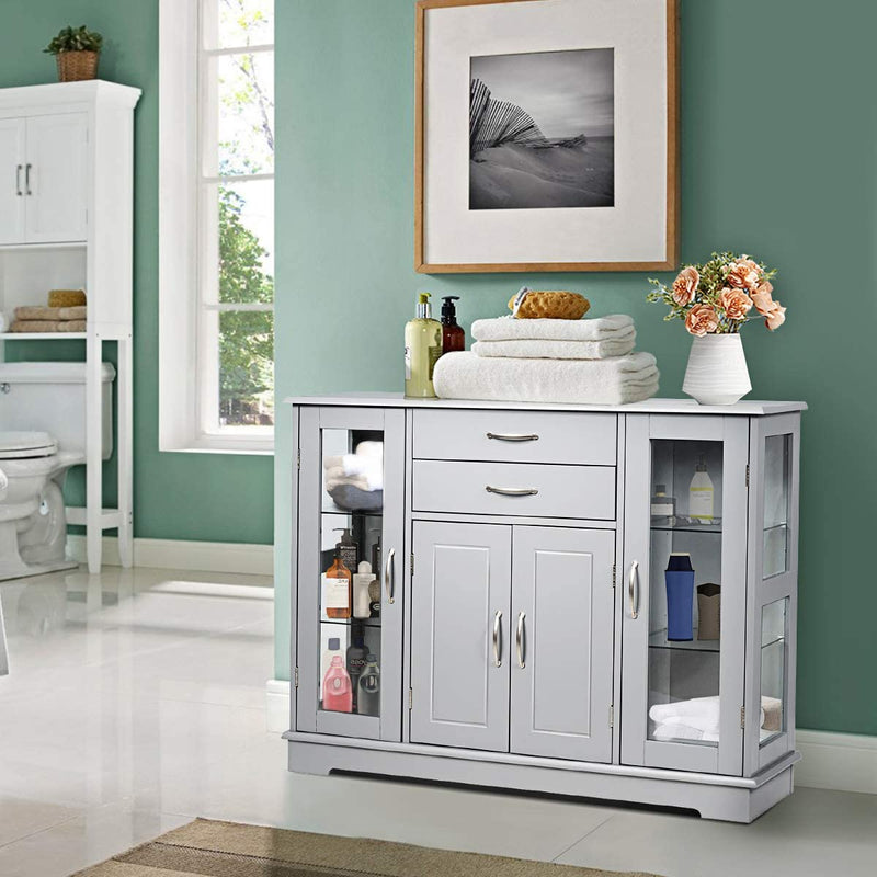 Kitchen Sideboard Buffet Server Side Storage Cabinet Dining Room Cupboard Console Table with 2 Drawers 3 Cabinets Glass Doors