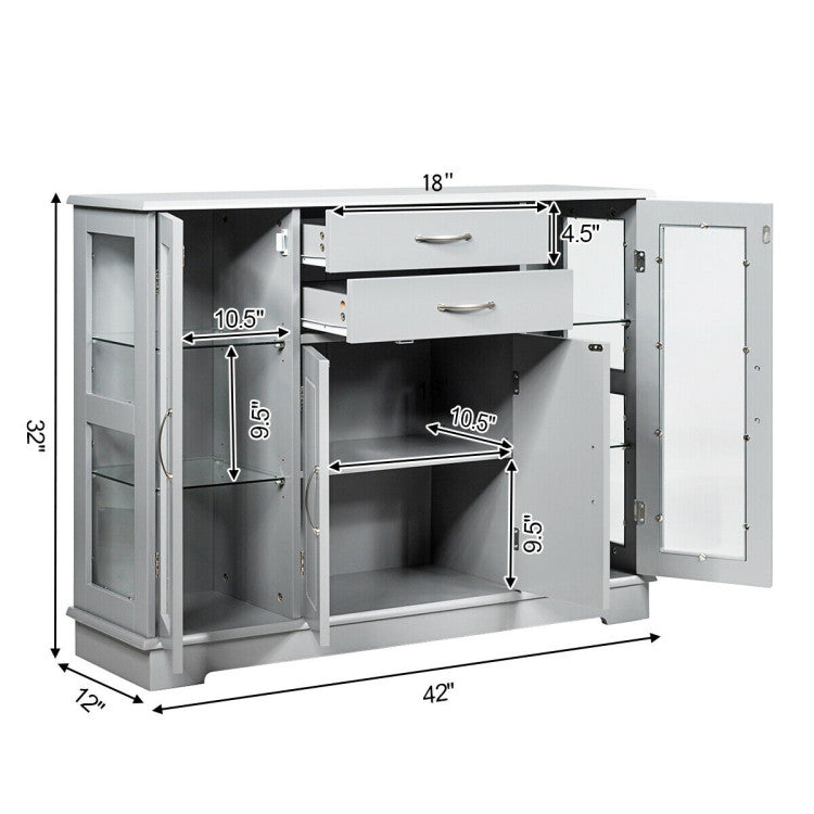 Kitchen Sideboard Buffet Server Side Storage Cabinet Dining Room Cupboard Console Table with 2 Drawers 3 Cabinets Glass Doors