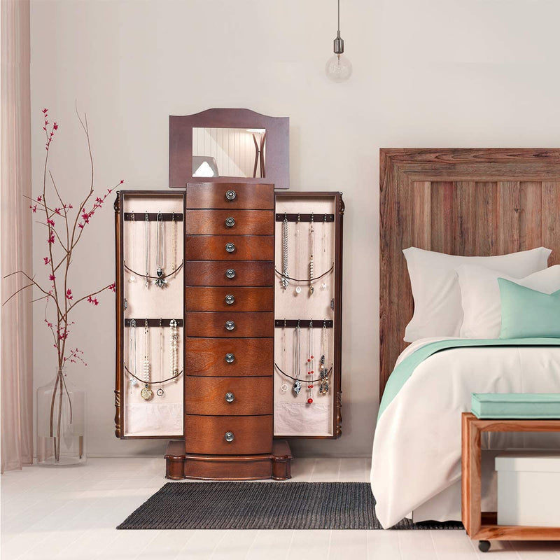 Large Wooden Jewelry Armoire Cabinet Storage Chest Box Organizer with 8 Drawers and 2 Swing Doors