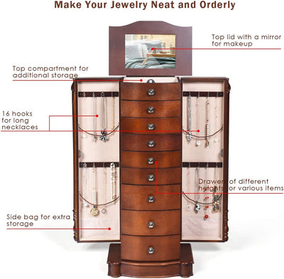 Large Wooden Jewelry Armoire Cabinet Storage Chest Box Organizer with 8 Drawers and 2 Swing Doors