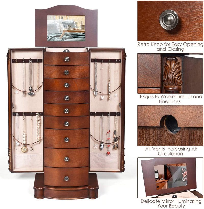 Large Wooden Jewelry Armoire Cabinet Storage Chest Box Organizer with 8 Drawers and 2 Swing Doors