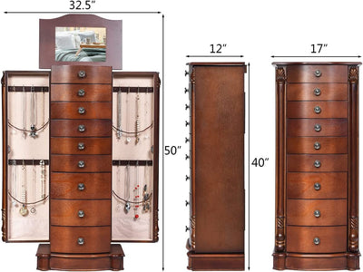 Large Wooden Jewelry Armoire Cabinet Storage Chest Box Organizer with 8 Drawers and 2 Swing Doors