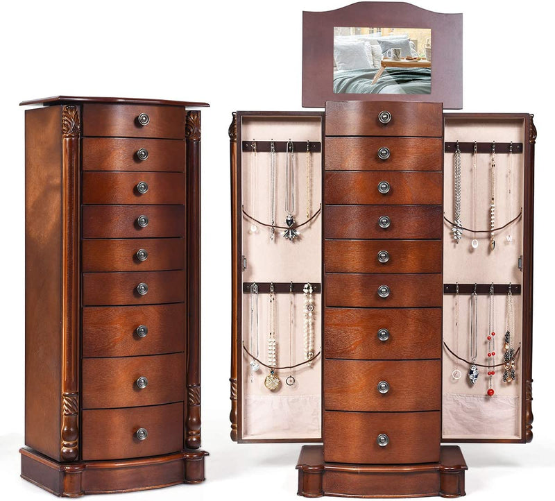 Large Wooden Jewelry Armoire Cabinet Storage Chest Box Organizer with 8 Drawers and 2 Swing Doors