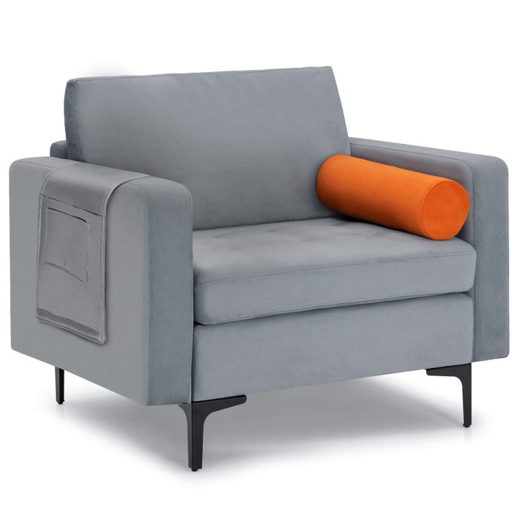 Modern Accent Armchair Single Sofa Chair with Bolster and Side Storage Pocket