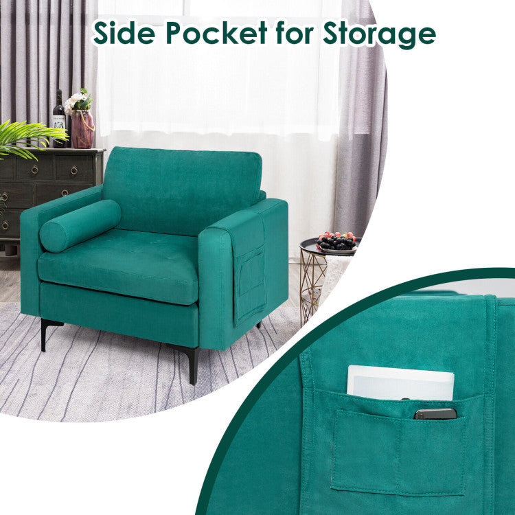 Modern Accent Armchair Single Sofa Chair with Bolster and Side Storage Pocket