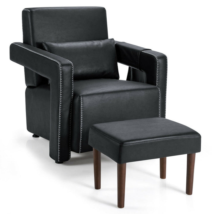 Modern Accent Chair Soft Berber Fleece Armchair Single Sofa Footstool Set with Side Storage Bag and Waist Pillow