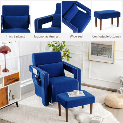 Modern Accent Chair Soft Berber Fleece Armchair Single Sofa Footstool Set with Side Storage Bag and Waist Pillow