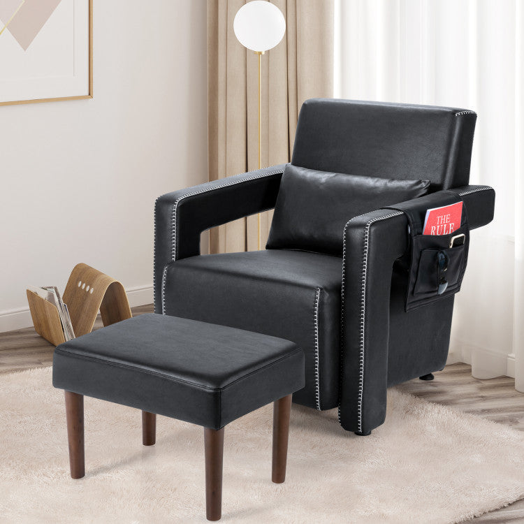 Modern Accent Chair Soft Berber Fleece Armchair Single Sofa Footstool Set with Side Storage Bag and Waist Pillow