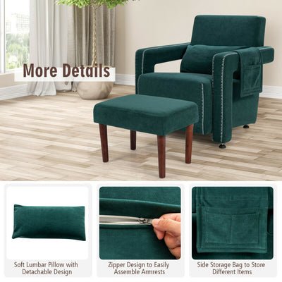 Modern Accent Chair Soft Berber Fleece Armchair Single Sofa Footstool Set with Side Storage Bag and Waist Pillow