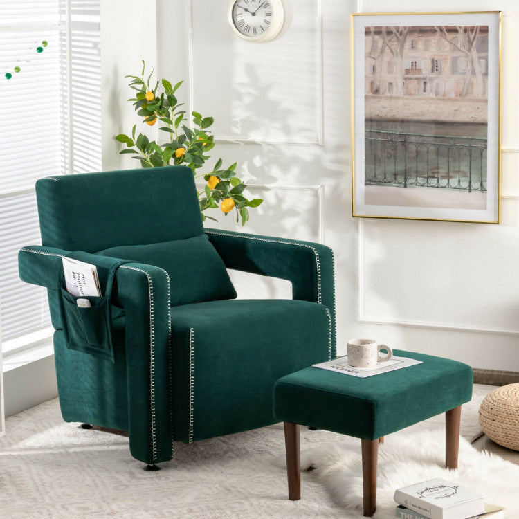 Modern Accent Chair Soft Berber Fleece Armchair Single Sofa Footstool Set with Side Storage Bag and Waist Pillow