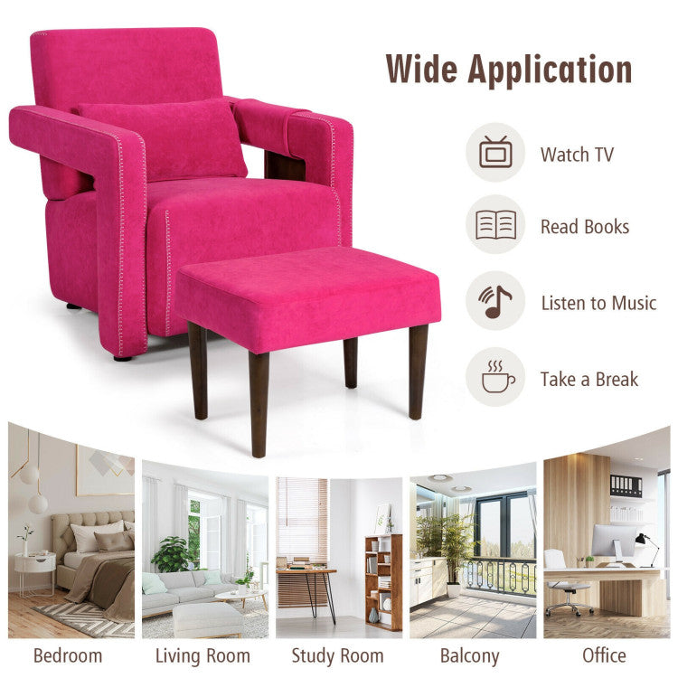 Modern Accent Chair Soft Berber Fleece Armchair Single Sofa Footstool Set with Side Storage Bag and Waist Pillow