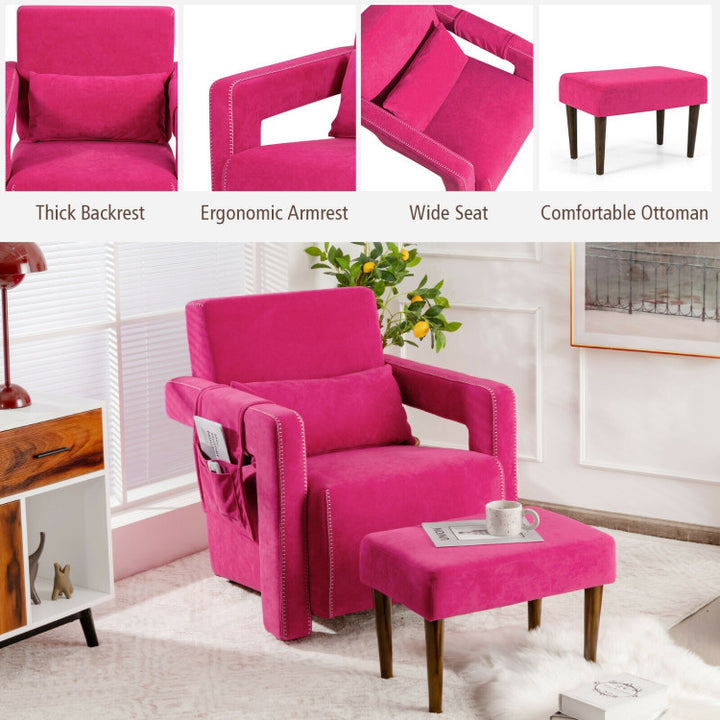 Modern Accent Chair Soft Berber Fleece Armchair Single Sofa Footstool Set with Side Storage Bag and Waist Pillow