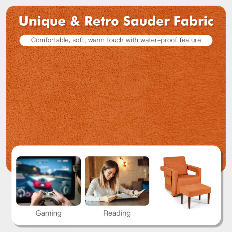 Modern Accent Chair Soft Berber Fleece Armchair Single Sofa Footstool Set with Side Storage Bag and Waist Pillow