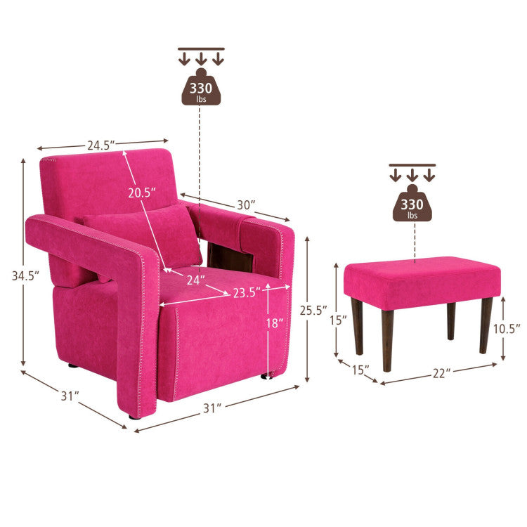Modern Accent Chair Soft Berber Fleece Armchair Single Sofa Footstool Set with Side Storage Bag and Waist Pillow