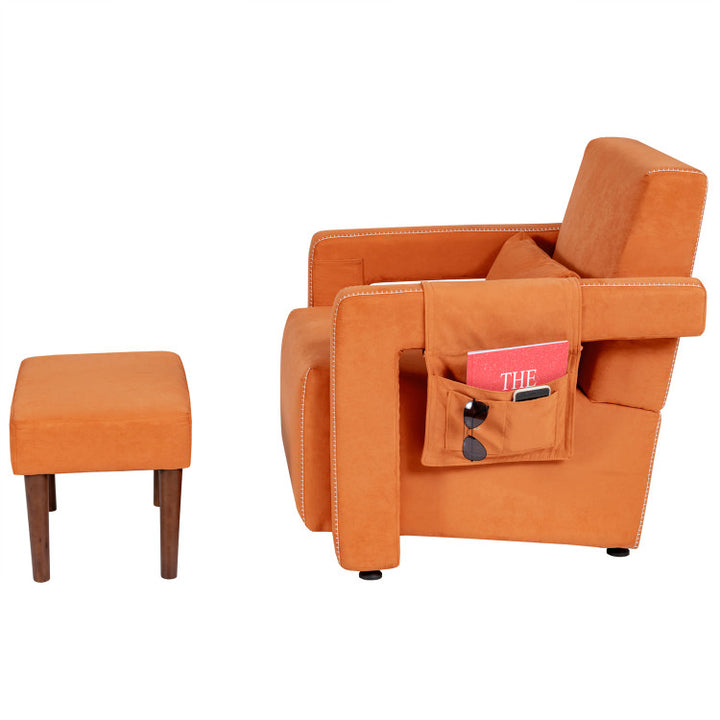 Modern Accent Chair Soft Berber Fleece Armchair Single Sofa Footstool Set with Side Storage Bag and Waist Pillow