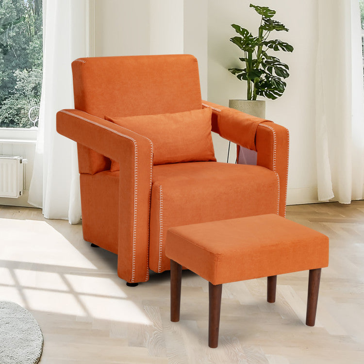 Modern Accent Chair Soft Berber Fleece Armchair Single Sofa Footstool Set with Side Storage Bag and Waist Pillow
