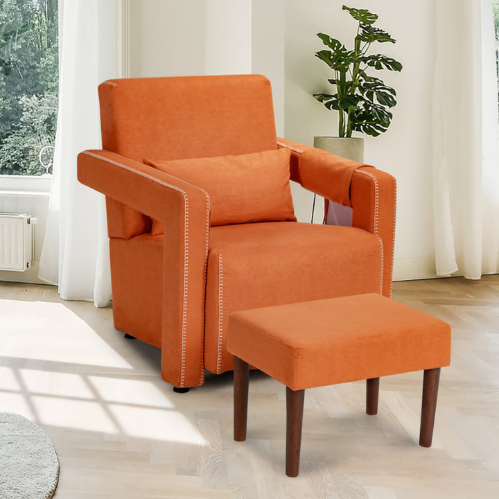Modern Accent Chair Soft Berber Fleece Armchair Single Sofa Footstool Set with Side Storage Bag and Waist Pillow