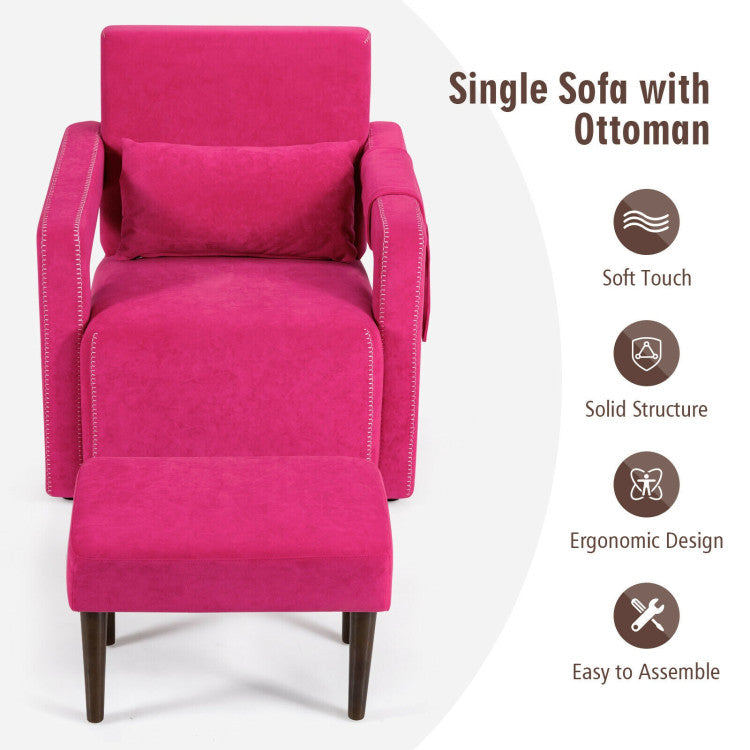 Modern Accent Chair Soft Berber Fleece Armchair Single Sofa Footstool Set with Side Storage Bag and Waist Pillow