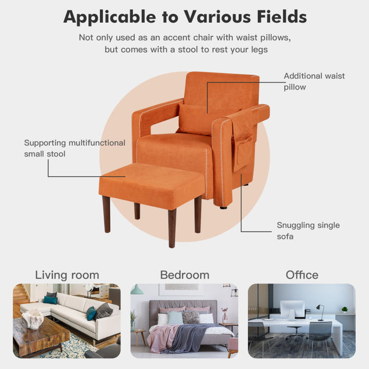 Modern Accent Chair Soft Berber Fleece Armchair Single Sofa Footstool Set with Side Storage Bag and Waist Pillow
