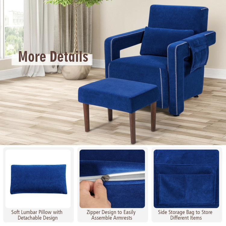 Modern Accent Chair Soft Berber Fleece Armchair Single Sofa Footstool Set with Side Storage Bag and Waist Pillow