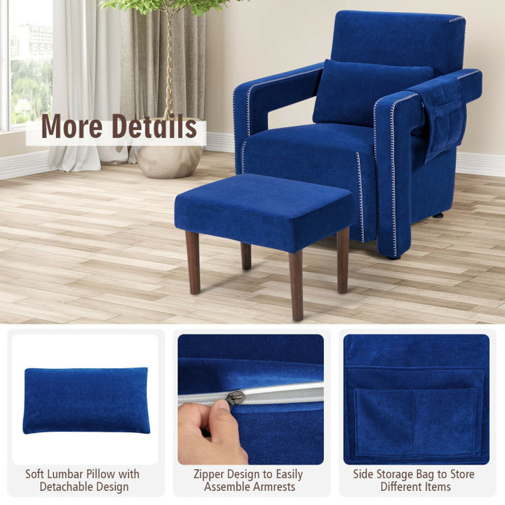 Modern Accent Chair Soft Berber Fleece Armchair Single Sofa Footstool Set with Side Storage Bag and Waist Pillow