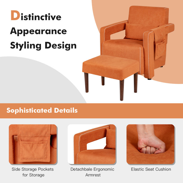 Modern Accent Chair Soft Berber Fleece Armchair Single Sofa Footstool Set with Side Storage Bag and Waist Pillow
