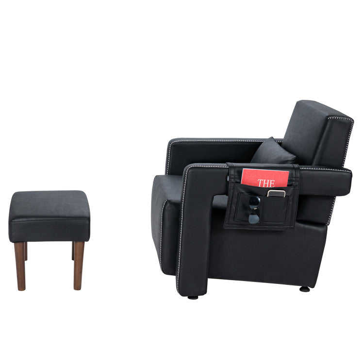 Modern Accent Chair Soft Berber Fleece Armchair Single Sofa Footstool Set with Side Storage Bag and Waist Pillow