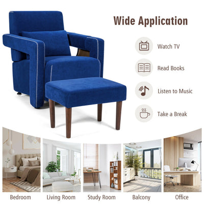 Modern Accent Chair Soft Berber Fleece Armchair Single Sofa Footstool Set with Side Storage Bag and Waist Pillow